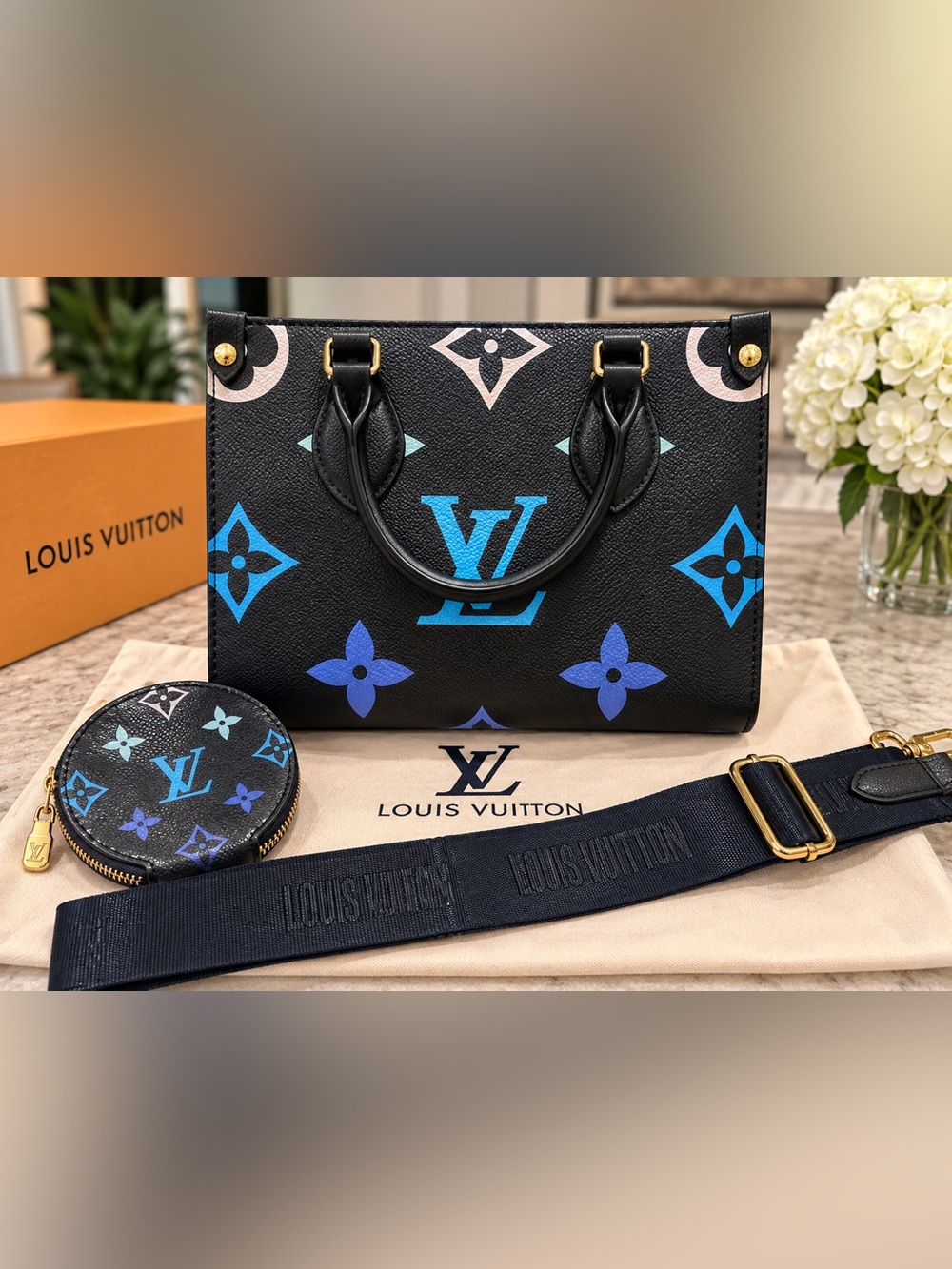 Inspewww dark blue Monogram Blue Accent Leather Tote
